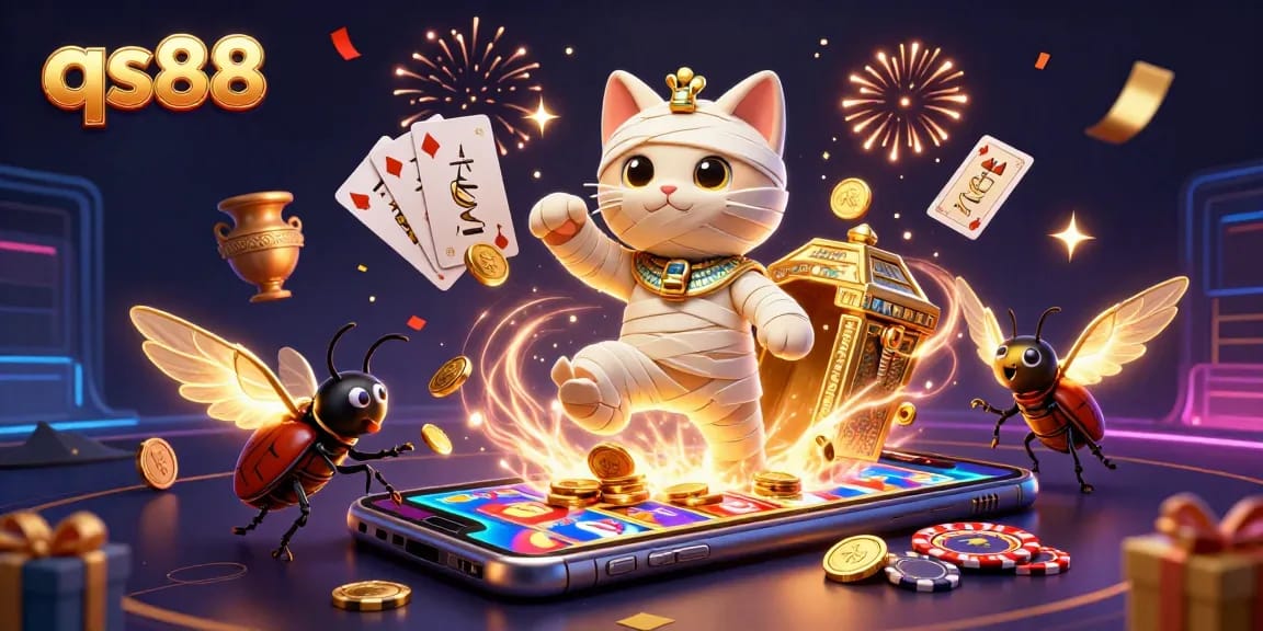 qs88 unleashes excitement with a 3D cartoon Egyptian mummy cat in a booming casino setting.