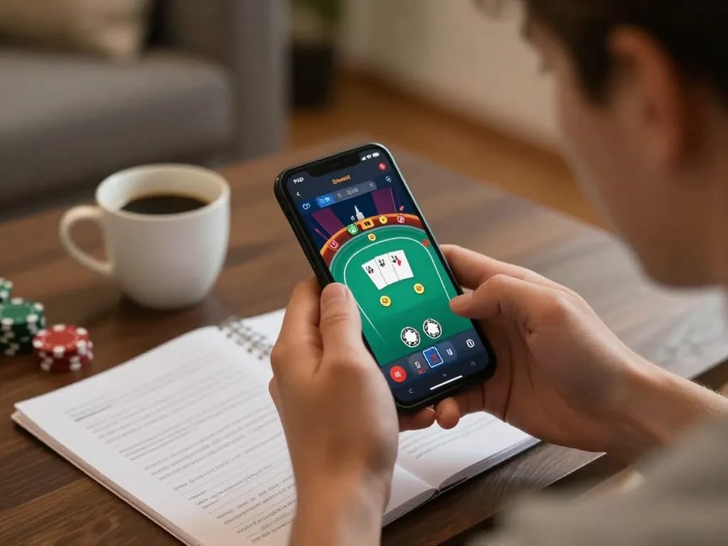 Max88 player enjoying responsible mobile gaming experience with poker hands on smartphone