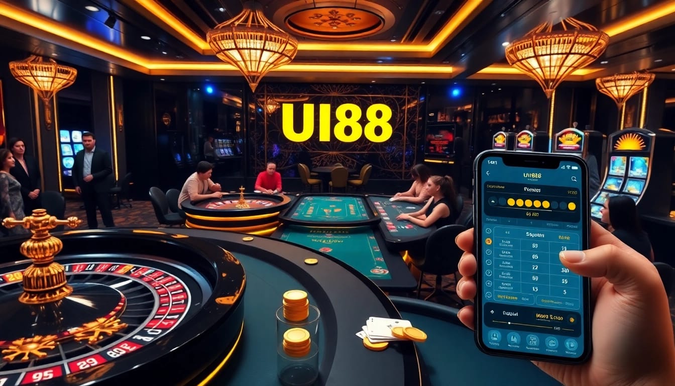 UU88 casino vibrant gaming atmosphere with roulette and poker tables and excited players.