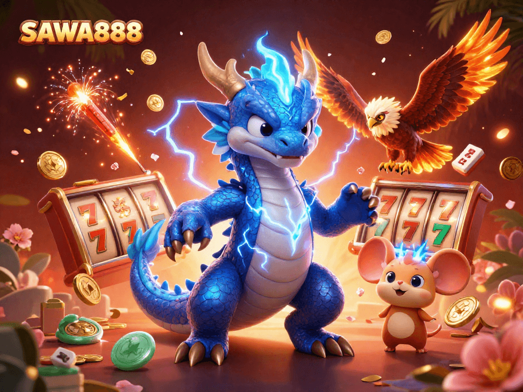 Join the excitement of SAWA888 with dazzling slots and a powerful dragon in action.