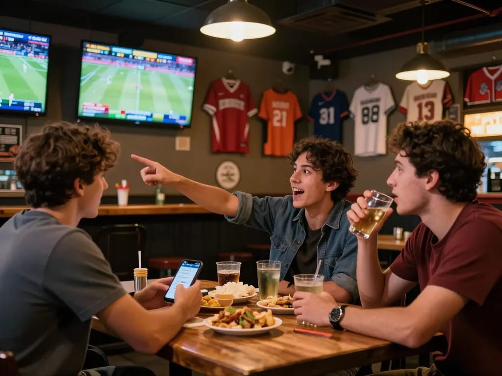Friends enjoy sports betting at a lively bar while using mb66 for strategic bets and live updates.