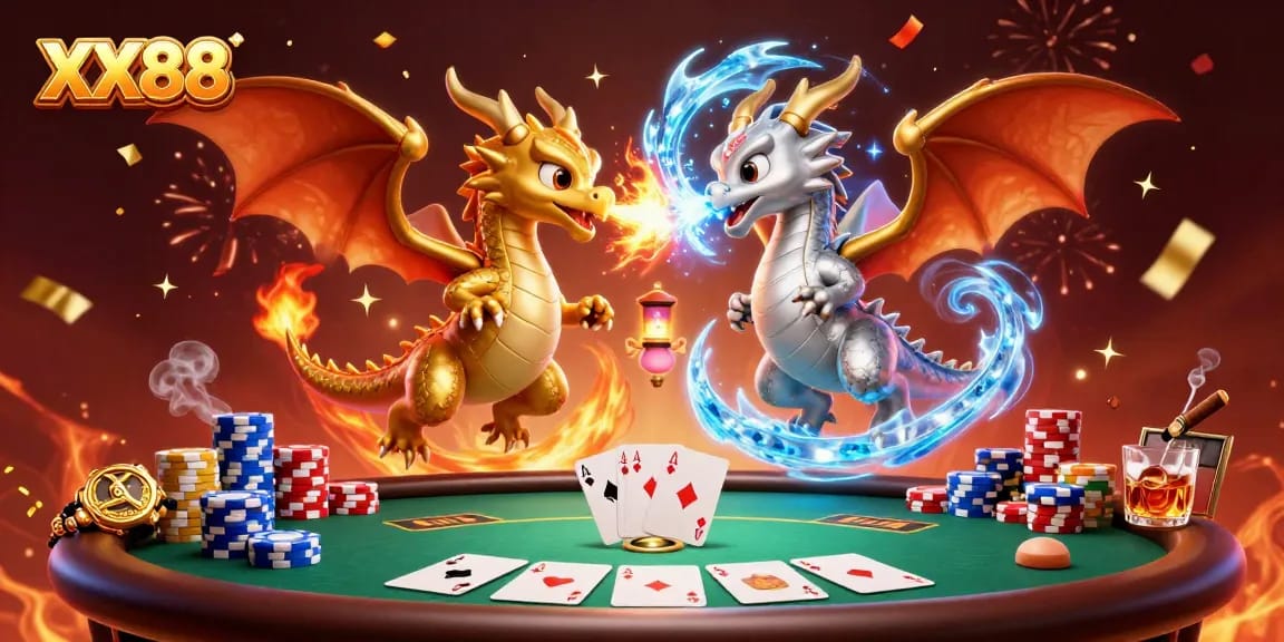 Experience the thrill of winning at XX88 with a captivating dragon-themed gaming battle illustration.