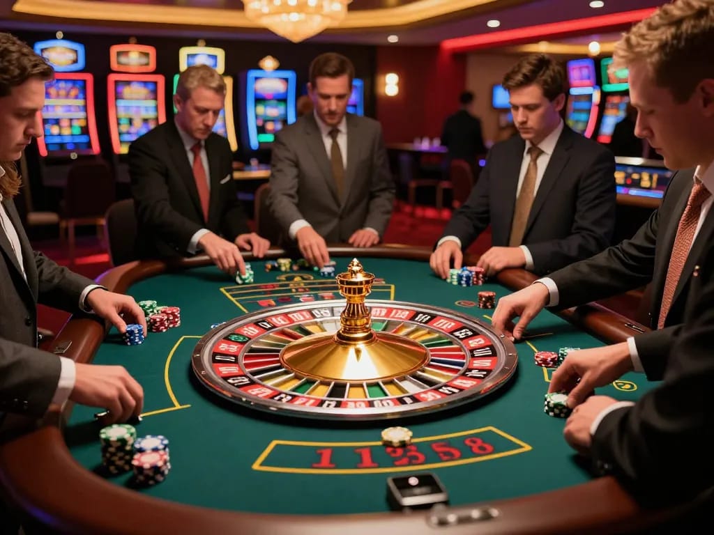 Engaged players strategically placing bets at the SKY88 roulette table in an upscale casino.