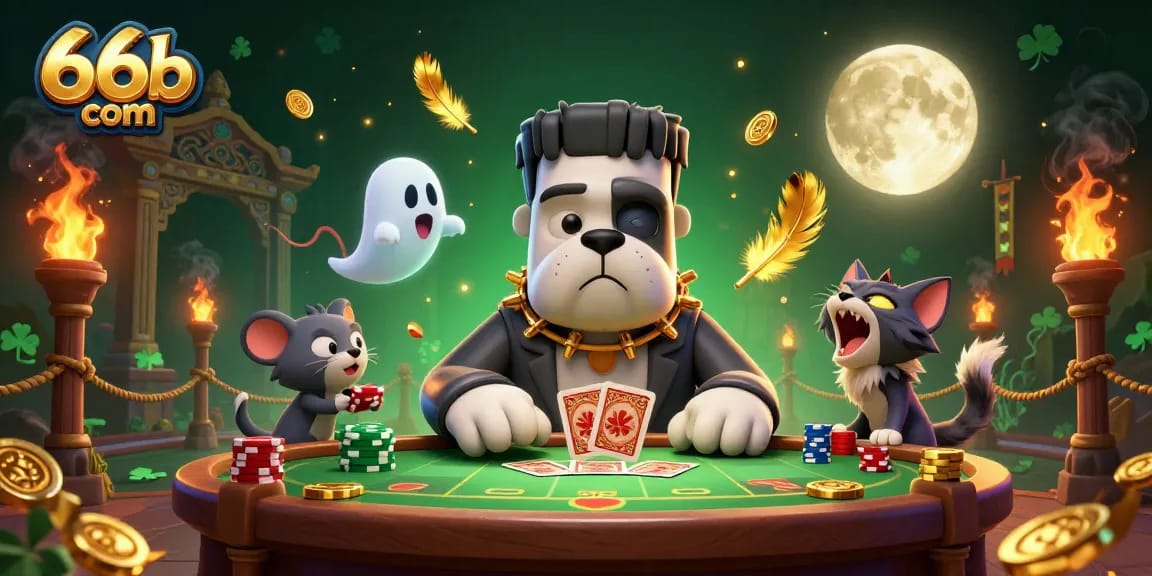 Join the fun at 66b com with a lively casino scene featuring colorful characters and enchanting elements.