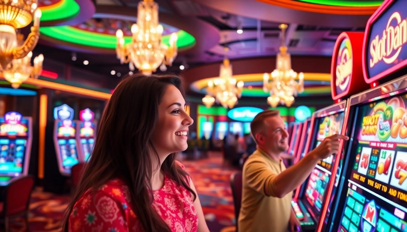 Main players engaging with Slot Dana machines in a vibrant casino setting.