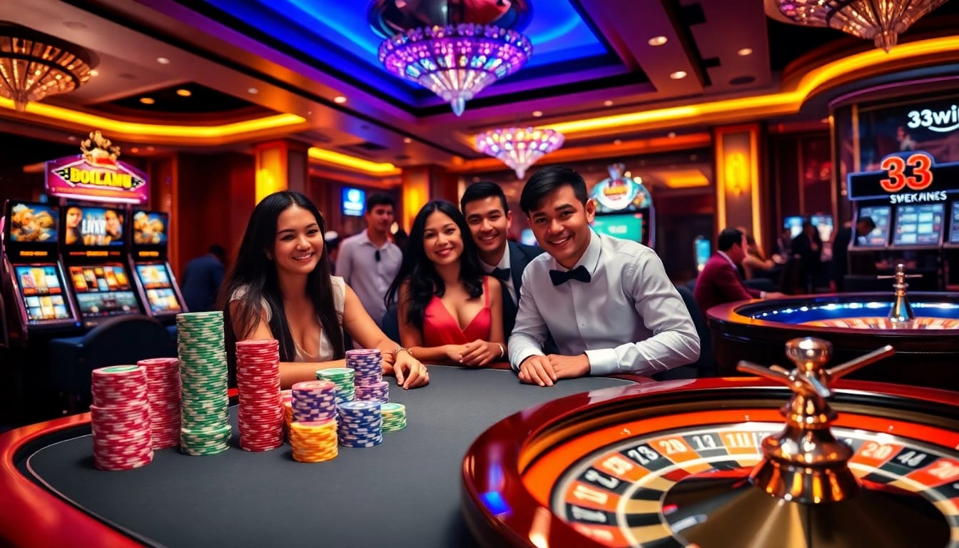 33win players engaging in high-stakes poker at a luxury casino table, showcasing excitement and strategy.