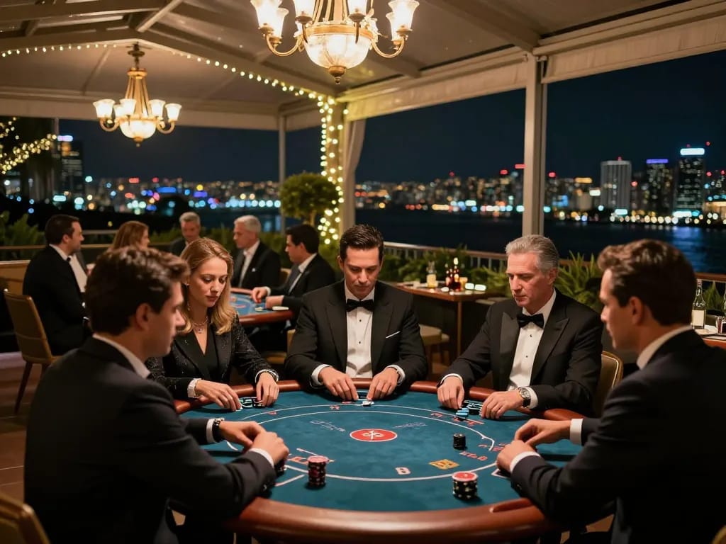 Engaged players enjoying high-stakes poker at luxury casino terrace showcasing Bom88's thrilling atmosphere.