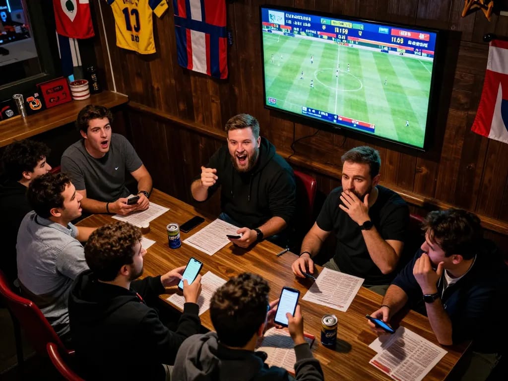 Engaged sports fans placing bets and watching live scores during intense football match action, experiencing the thrill of ผลบอล
