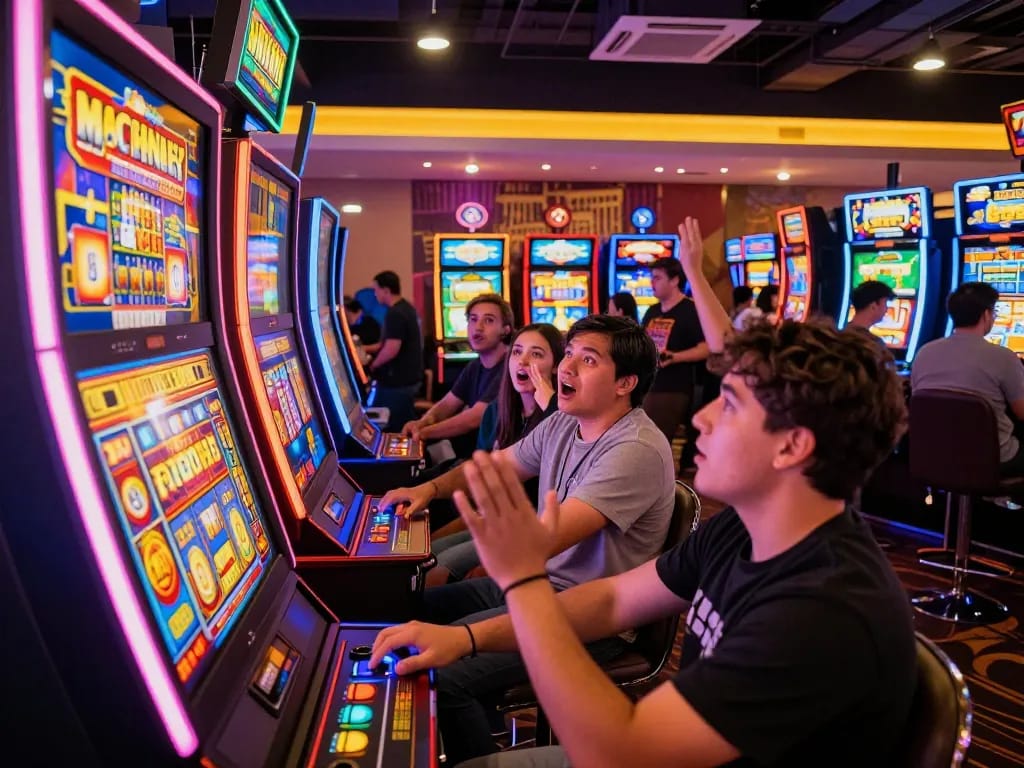 Excited players engaging with Lô Đề slot machines, showcasing vibrant casino atmosphere