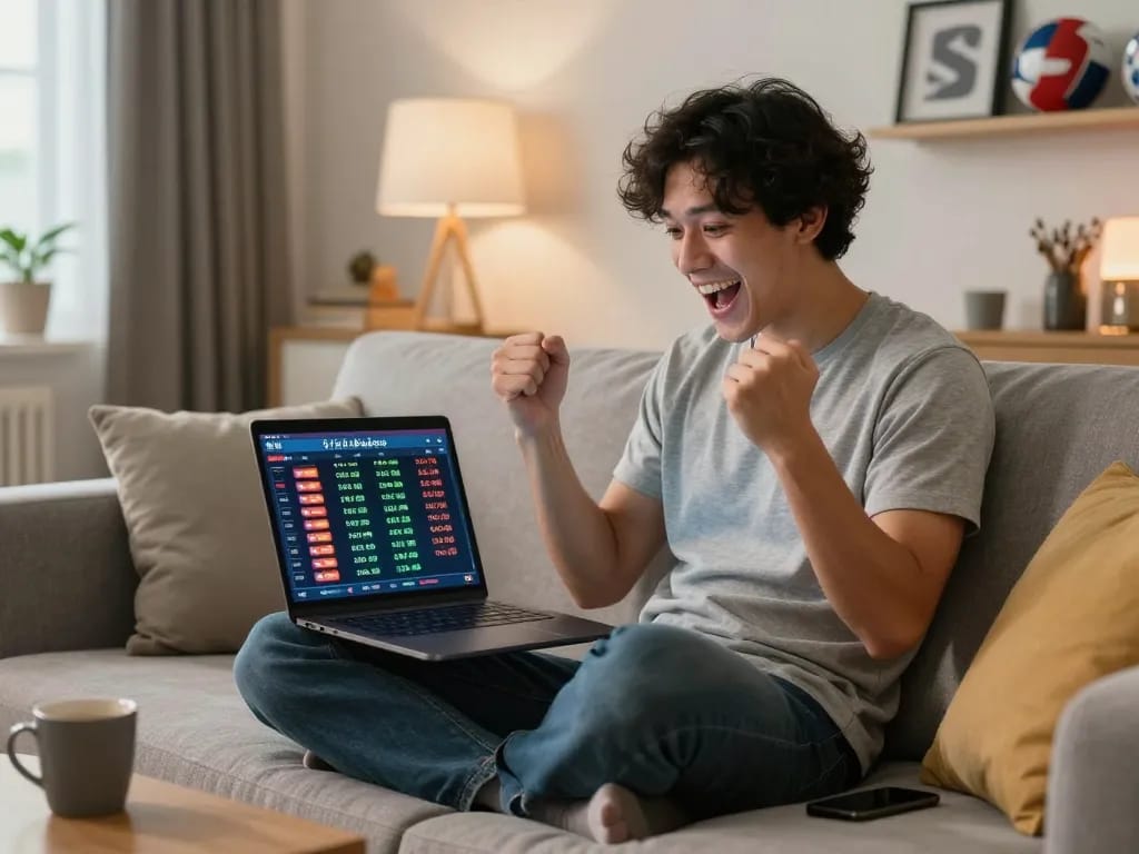 Excited sports bettor analyzing tỷ lệ bóng đá odds on laptop in cozy home setting.