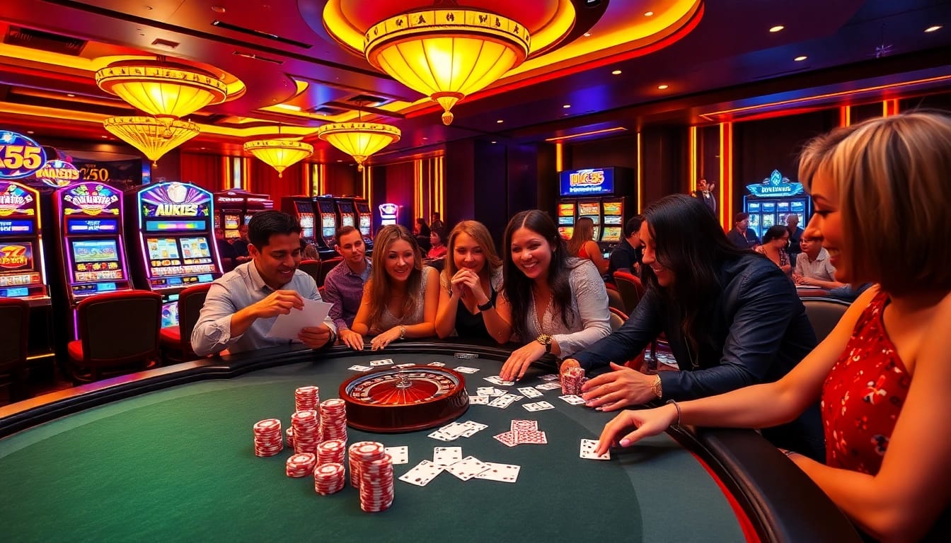 Players enjoying high-stakes games at KK55's luxurious casino atmosphere.