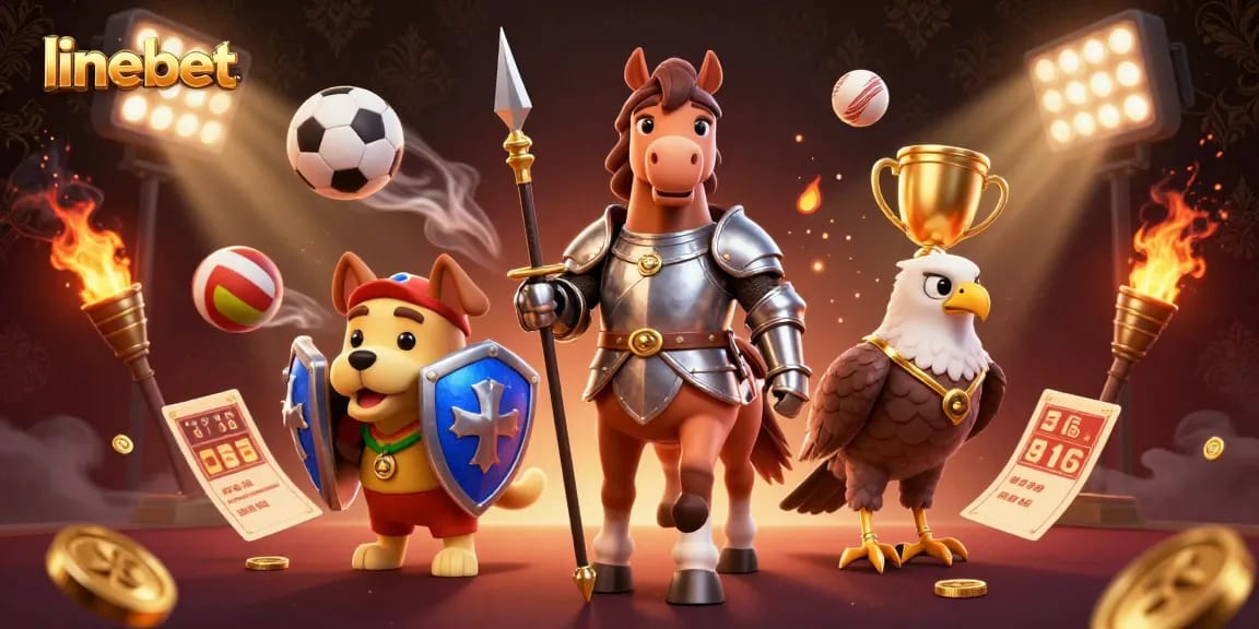 Experience thrilling gaming action with linebet featuring a knight, puppy, and falcon amidst dynamic sports elements.