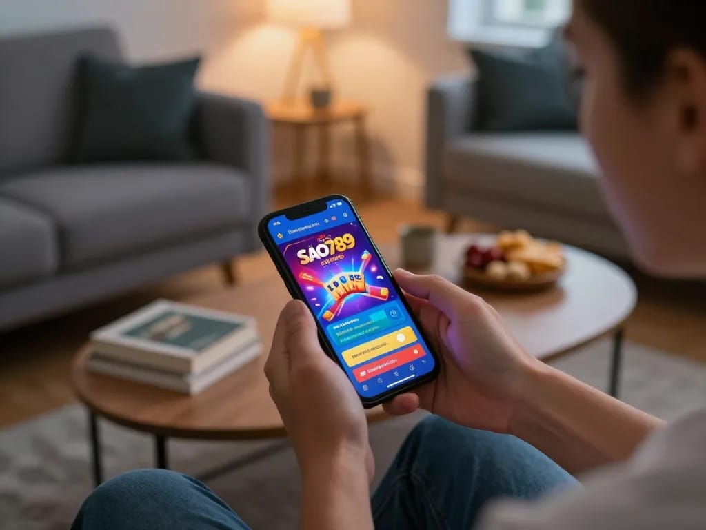 Sao789 user enjoying mobile gaming experience with vibrant app interface in cozy home setting