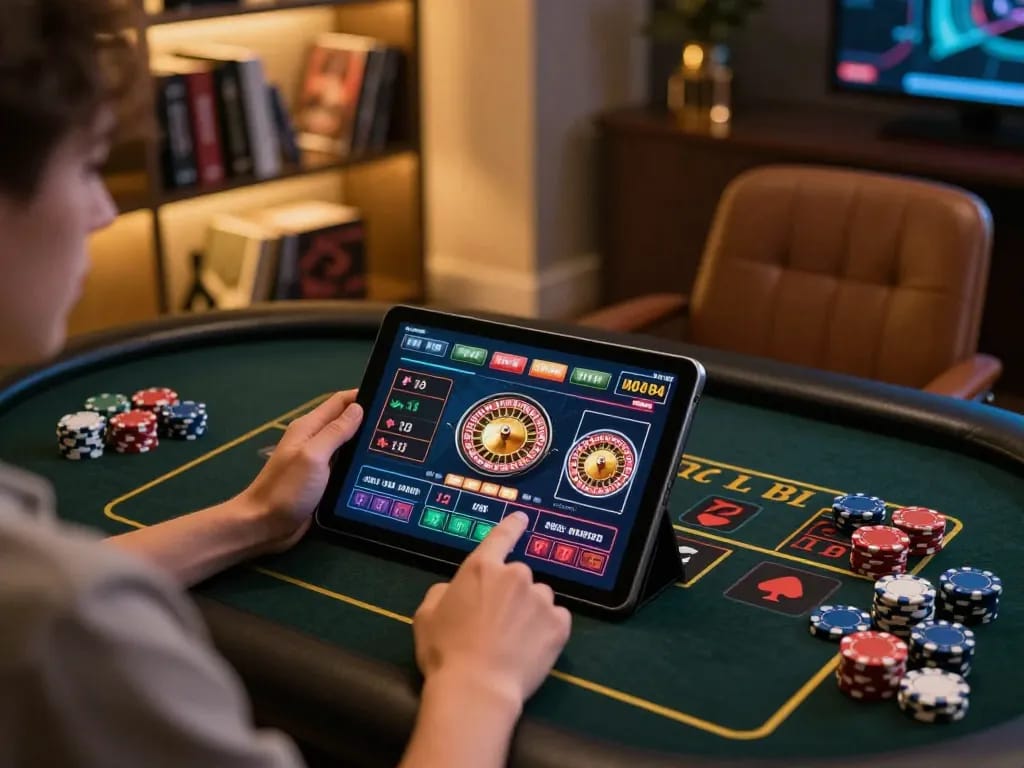 Engaging online gaming scene with user on tablet exploring tr88 live casino options for responsible betting.
