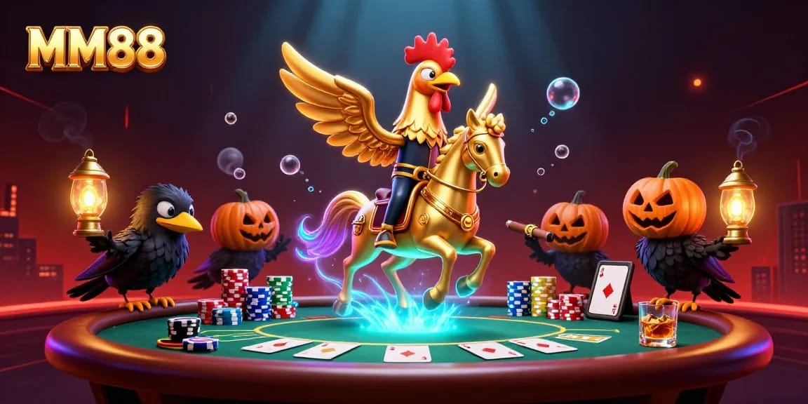 Experience the vibrant MM88 casino action with a golden rooster and poker elements in a 3D scene.