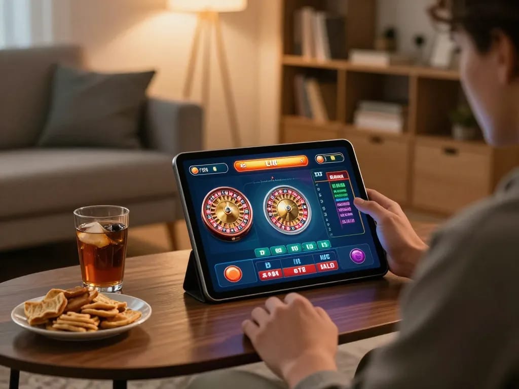 Playing live roulette on x88 tablet in a comfortable home setting.