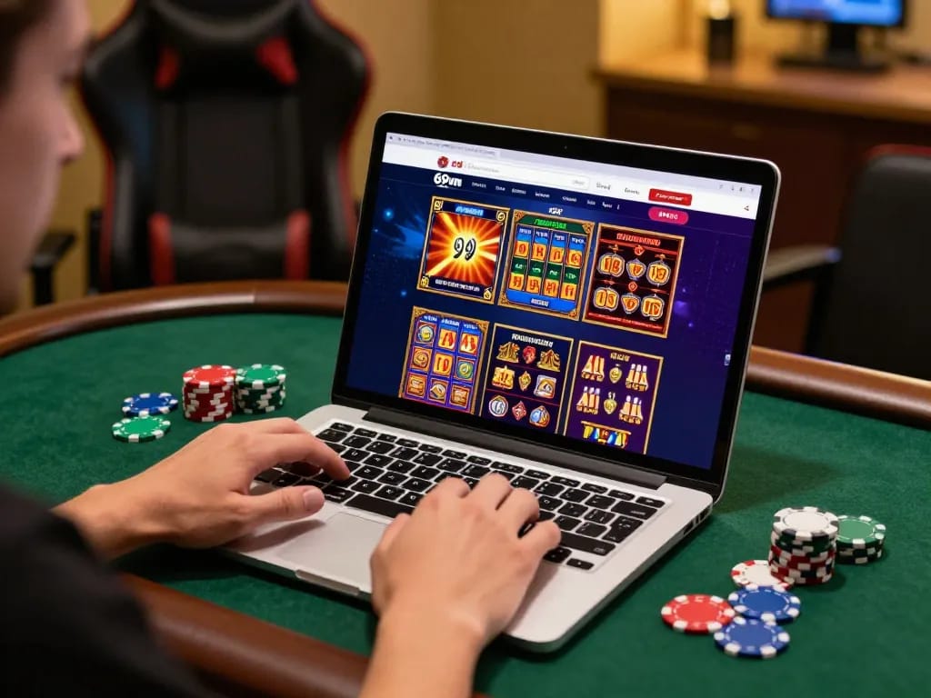 Player engaging with the 69vn online casino on a laptop, illustrating a vibrant gaming experience.