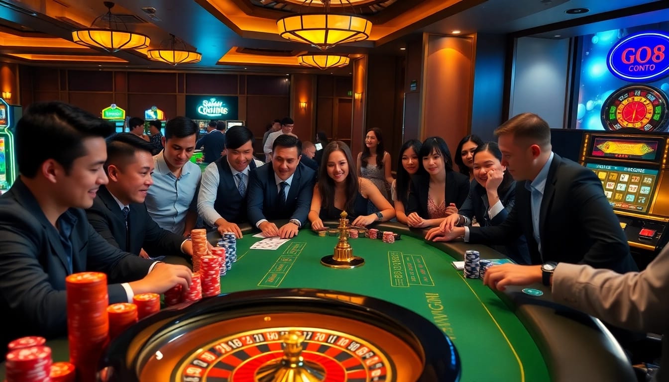GO8 players engaging in a thrilling poker game at a glamorous casino table with vibrant chips.