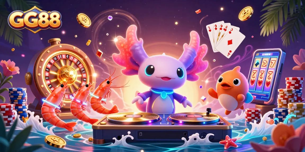 Spin to win with GG88 in a vibrant underwater casino scene featuring neon characters, coins, and games.