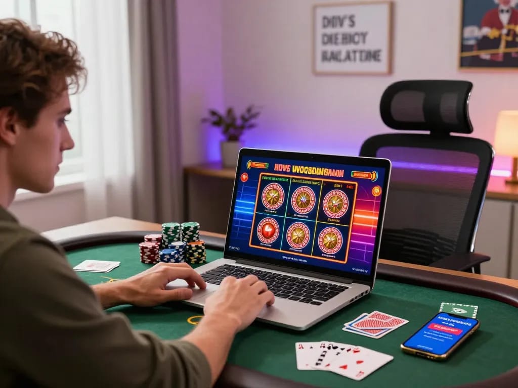 Dynamic nk88 online gambling scene with player at laptop, casino graphics, and poker chips.