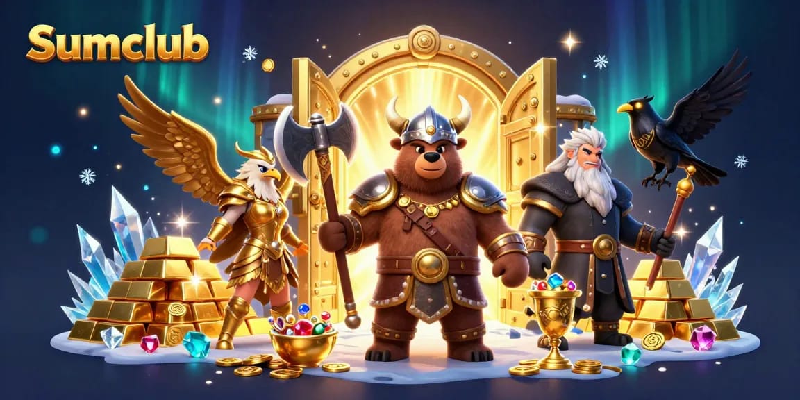 Sumclub offers a thrilling experience with a Viking bear and Valkyrie in a gold-filled scene, embodying excitement.