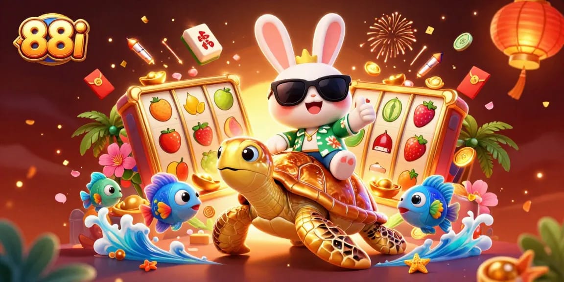 Immerse in the thrilling action of 88i with a lucky rabbit and turtle in a vibrant 3D casino scene.