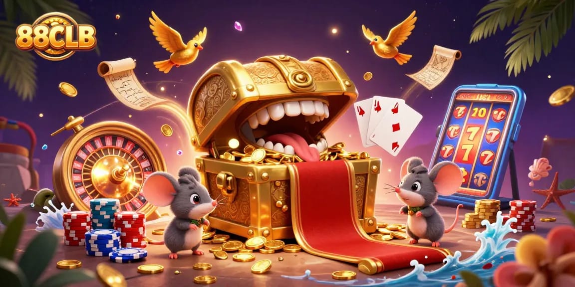 Engage with 88CLB as mice are lured to golden treasures amidst sparkling casino elements.