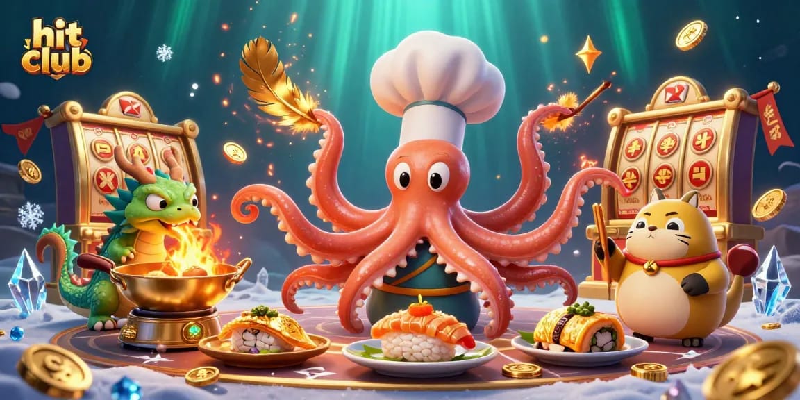 Experience thrilling gameplay at hit club, where the sushi chef octopus crafts golden dishes amid slot reels and jackpot excitement.