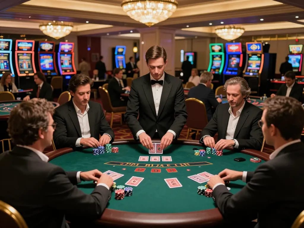 86bet players engaging in blackjack at a luxurious casino table illuminated by ambient lighting.