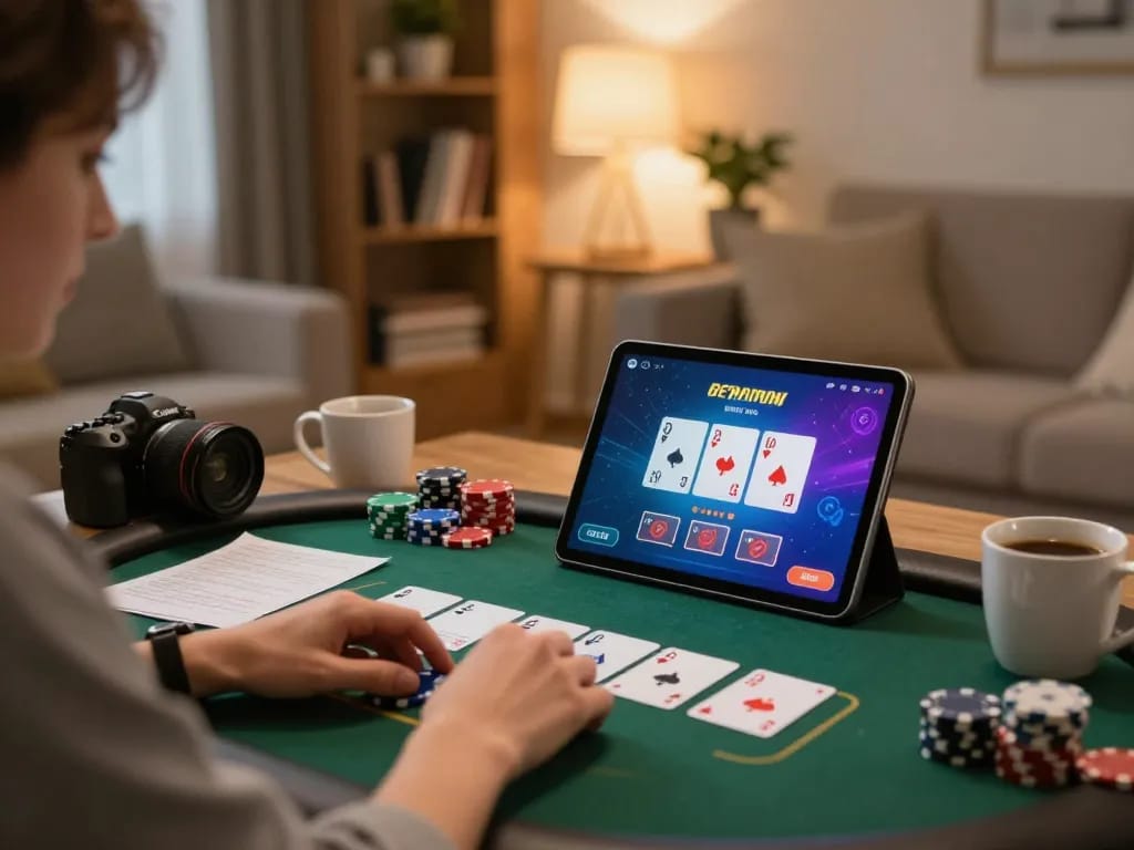 Engaging with poker on 78win tablet in a cozy living room, showing strategic gaming elements.