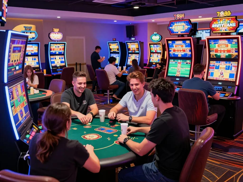 Exciting players engaging in various games at 789club mới nhất, showcasing a modern casino atmosphere with colorful lighting and vibrant interactions.