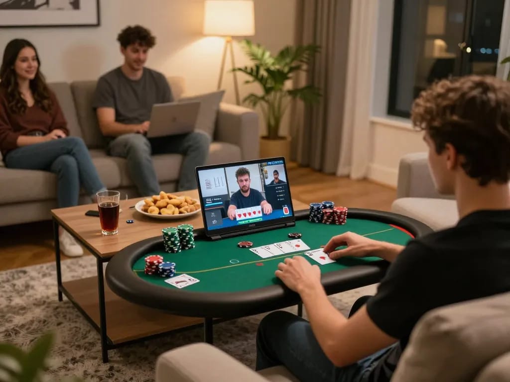 Engaging in a thrilling online poker game at home with the aa88 betting strategy visible on the screen.