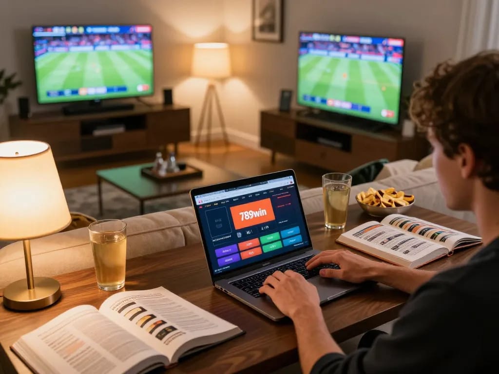 Engaging moment at home with online gaming on trang chu 789win, showcasing gambling strategy notes and casual environment