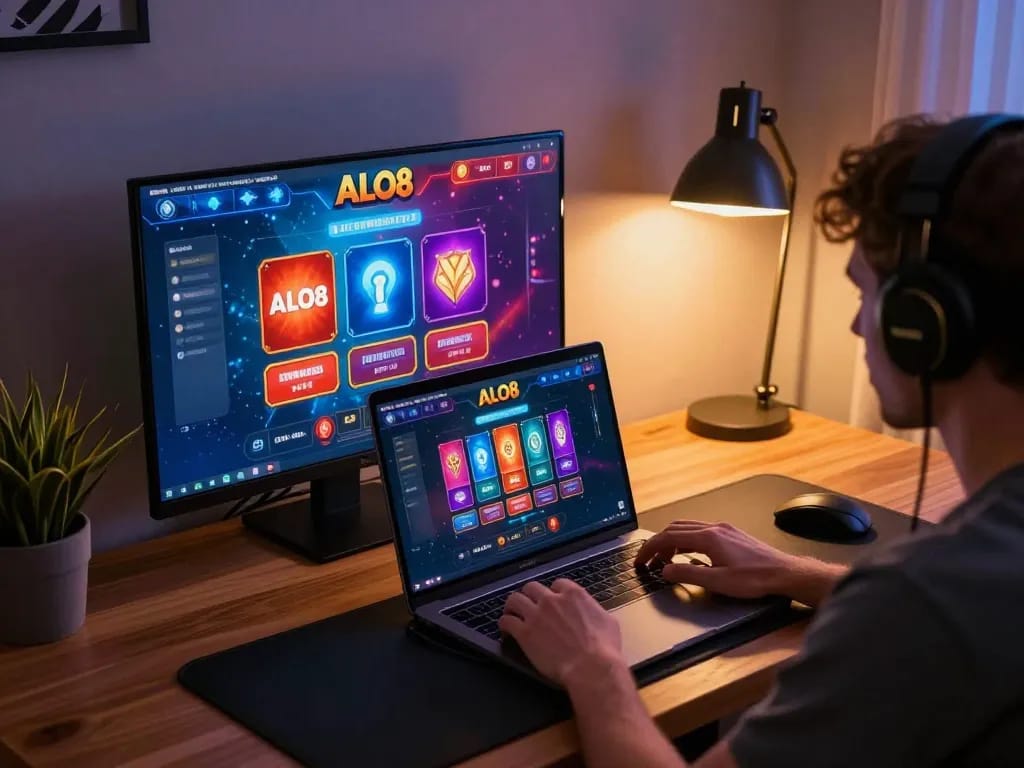 Player engaging with the ALO8 online casino on a laptop, showcasing live gameplay and strategic betting