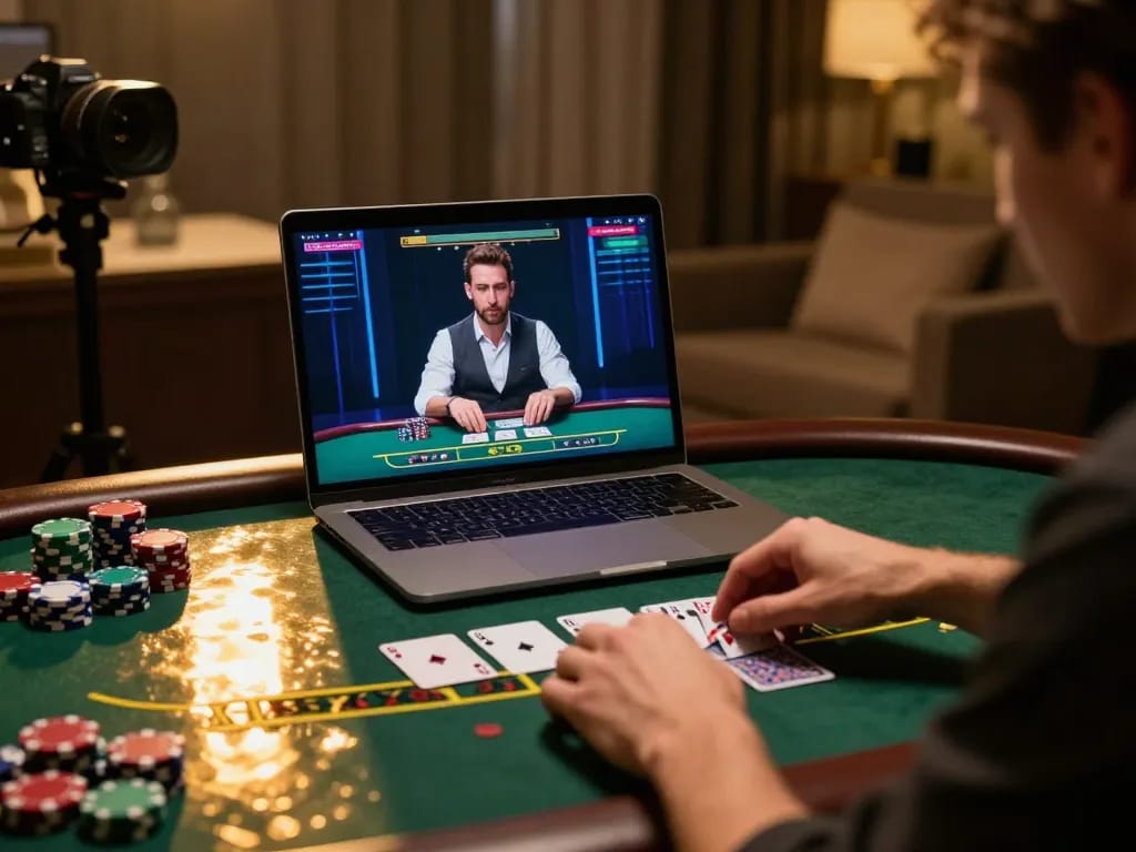 Engaging with live dealer casino games on Bong88, showcasing focused gameplay and modern setup.
