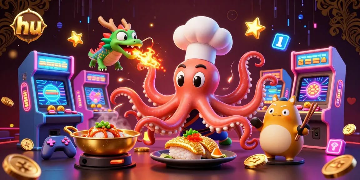 Win exciting rewards at hu with a vibrant scene of a sushi chef octopus, dragon, and tanuki in a dynamic casino setting.