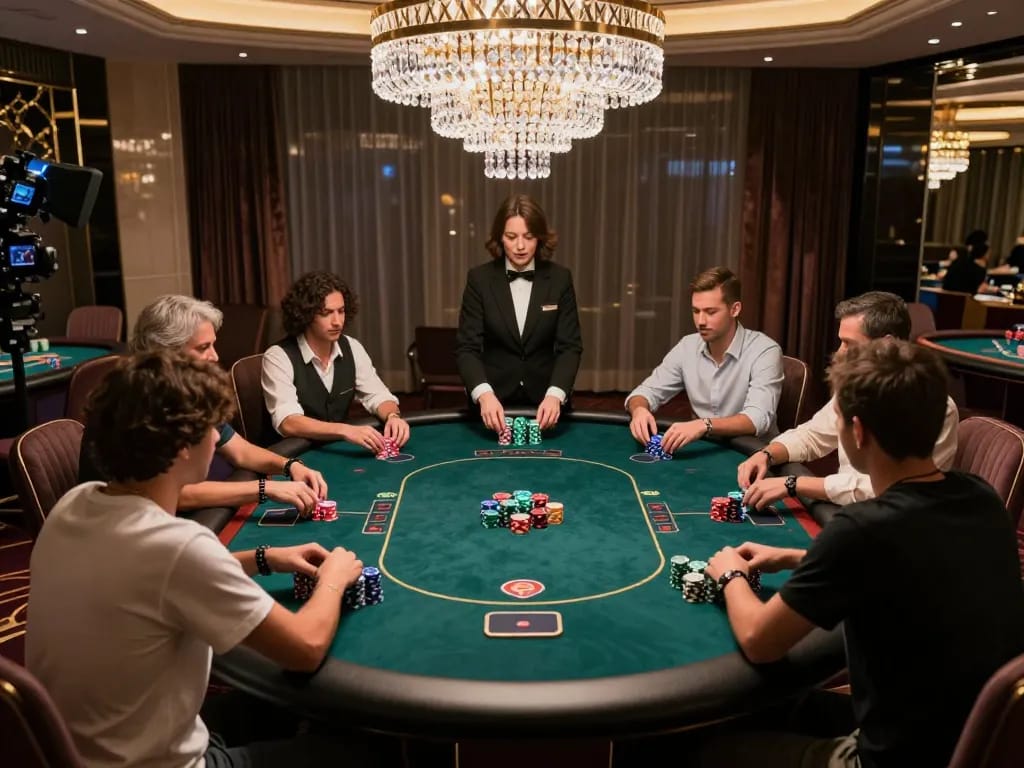 Engaged players at 23WIN casino's VIP table strategizing in a luxurious setting.
