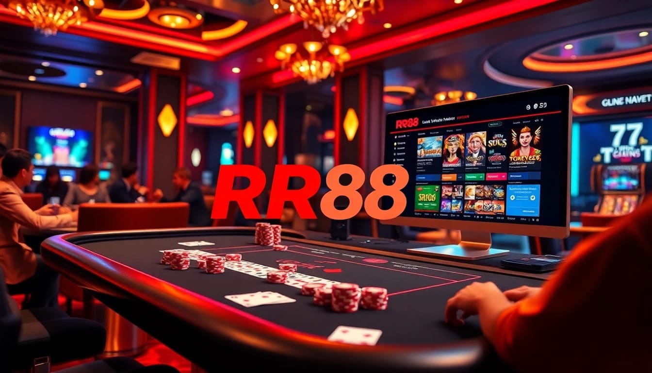 Exciting RR88 casino scene showcasing luxury gaming with vibrant poker chips and the RR88 logo.