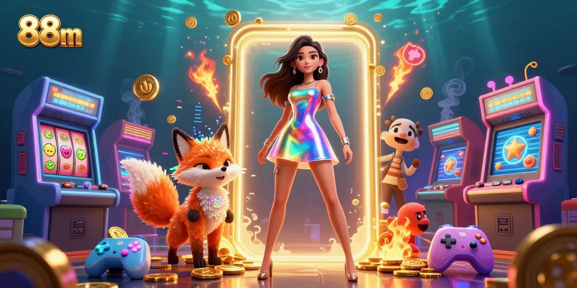 Experience the excitement of gambling with 88m in this vibrant 3D casino scene filled with dynamic game elements.
