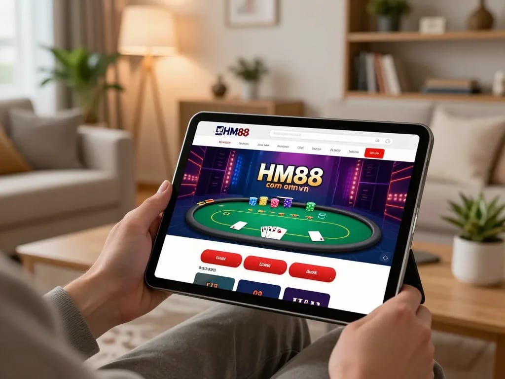 Engaging with the HM88 com vn online casino on a tablet showing a vibrant poker game.