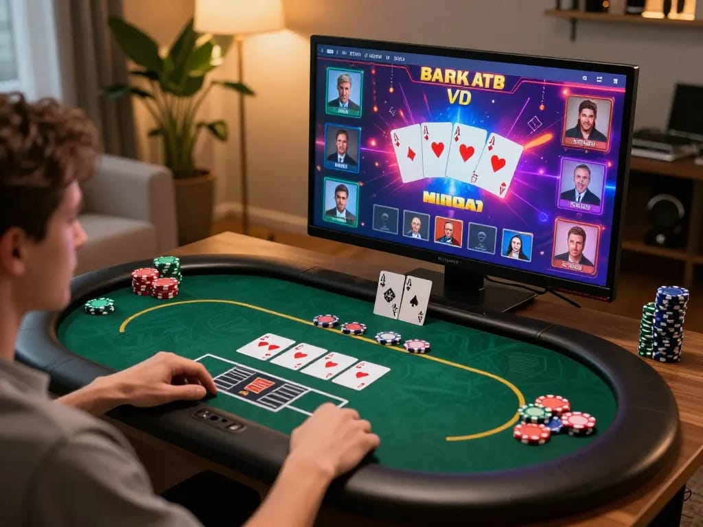 BET88 players engage in a poker game on a vibrant online casino interface, strategic betting atmosphere.