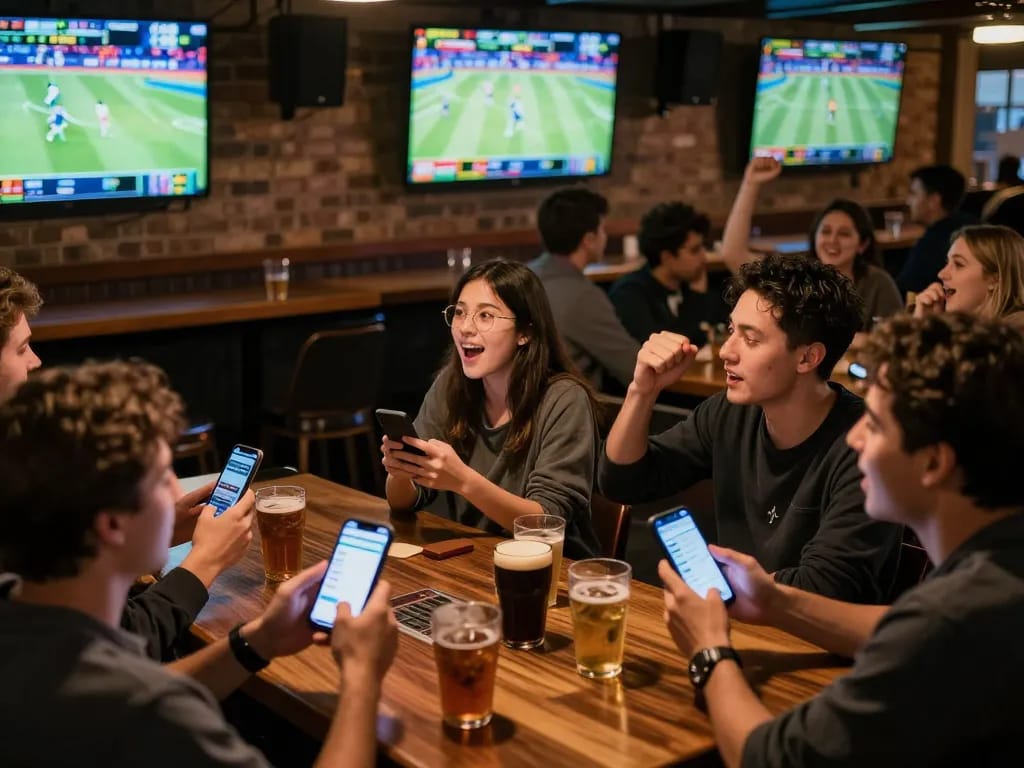 O8 sports betting enthusiasts placing bets in a vibrant sports bar atmosphere
