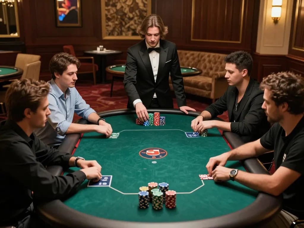 Players intensely competing at a poker table while checking their hands with anticipation, capturing the essence of high-stakes poker as they track the latestผลบอล.