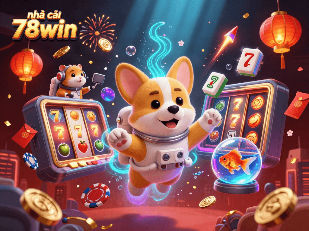 Engage with thrilling moments at nhà cái 78win in a vibrant casino scene filled with colorful slot reels and animated characters.