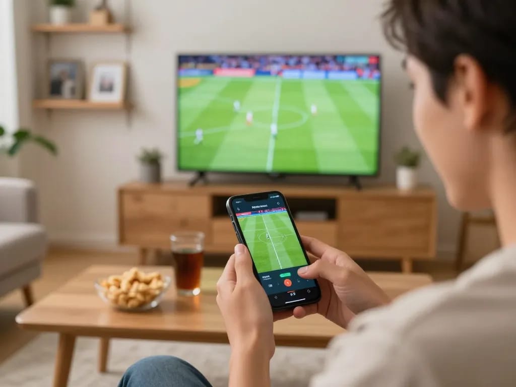 Individual placing แทงบอล bets on smartphone while watching football game at home