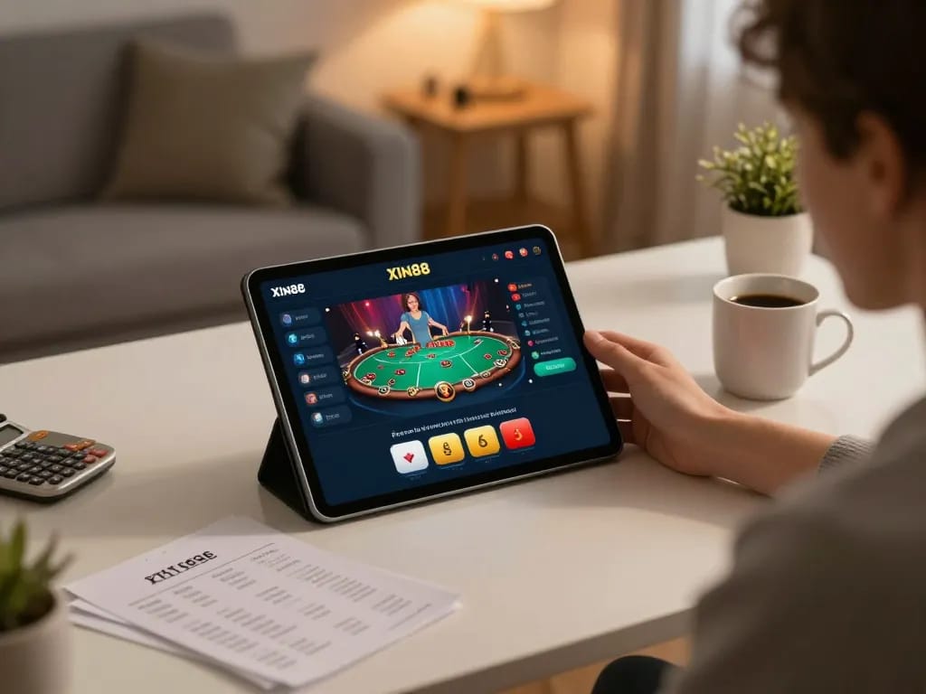 Playing Xin88 casino app on a tablet from a comfortable home office.