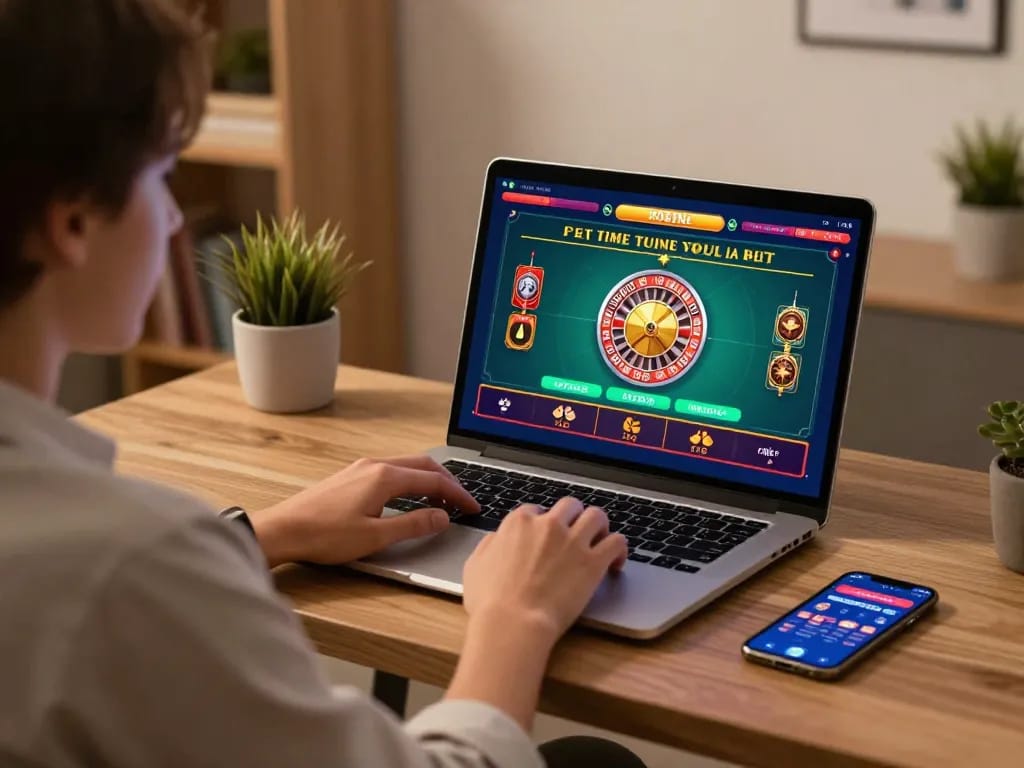 Nohu90 player enjoying an online roulette game on a laptop in a cozy, modern home environment