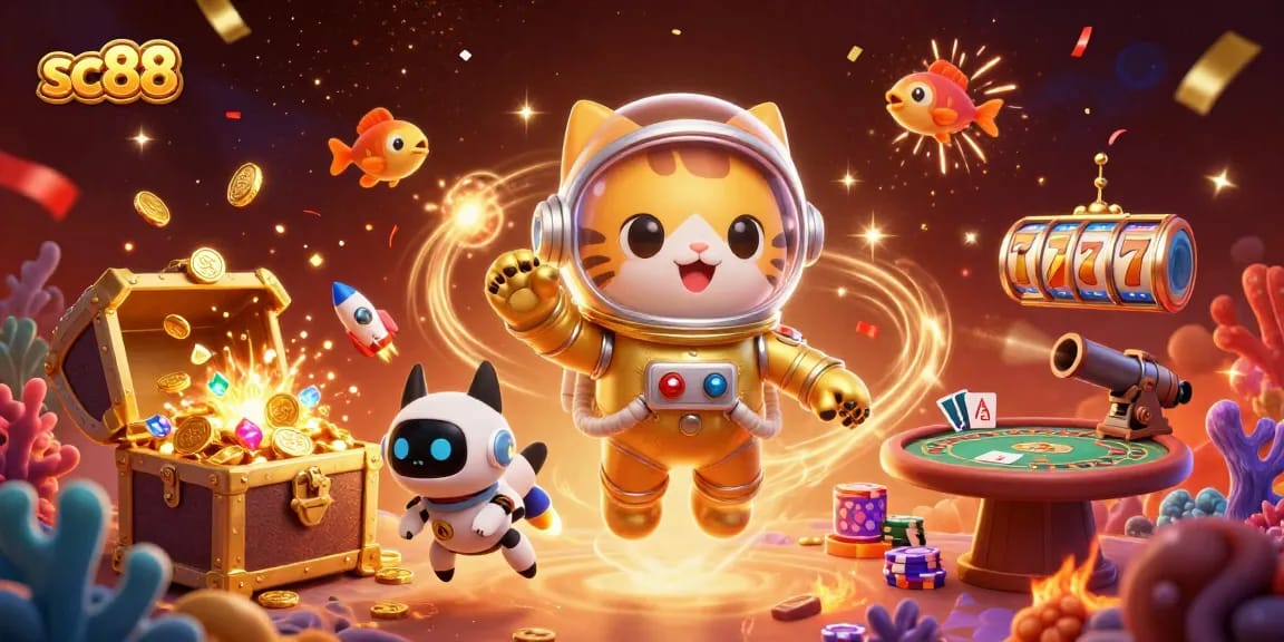 Experience sc88's exciting slot adventures with a floating astronaut cat, robot dog, and vibrant game elements.