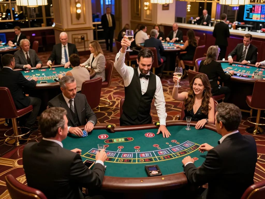 Active gameplay scene at luck8l casino with players immersed in blackjack and roulette excitement