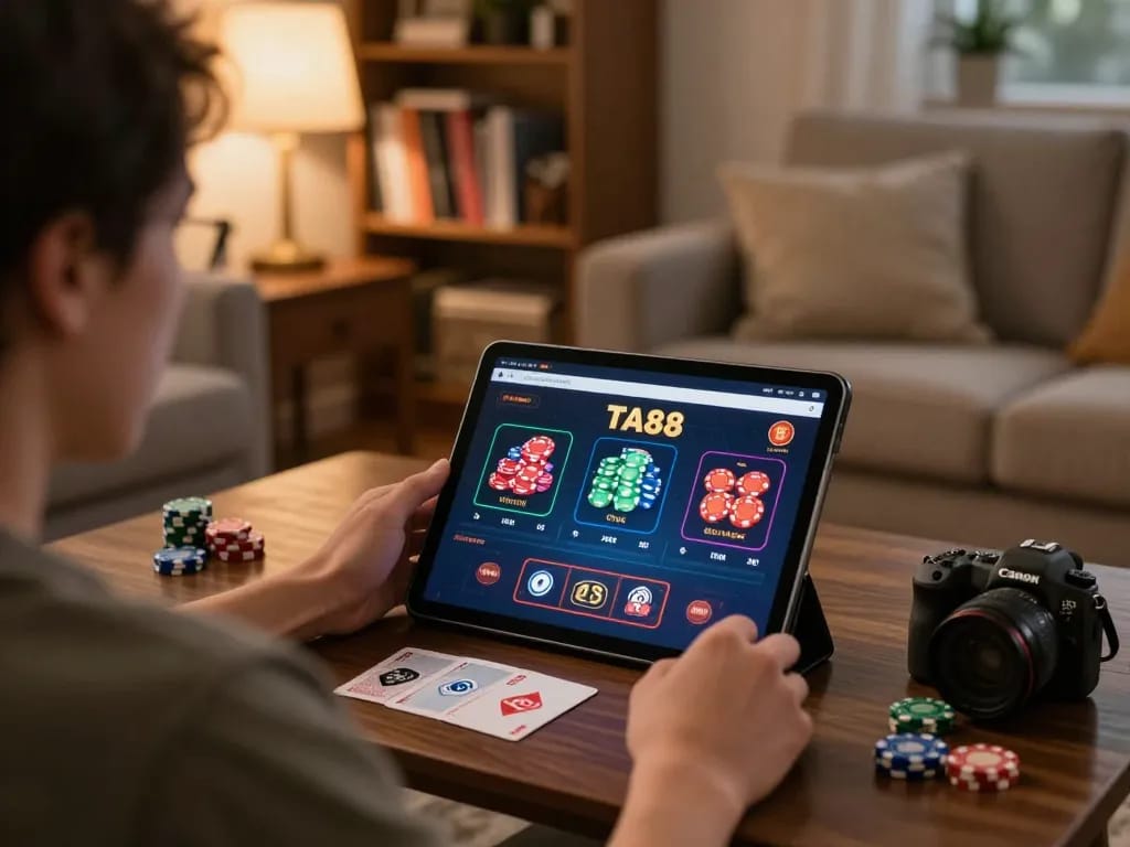 Engaging online gaming experience with TA88 interface on tablet at home, showcasing strategy.